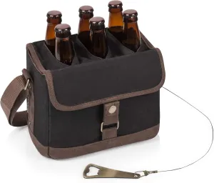 PICNIC TIME Beer Caddy with Beer Bottle Opener, 6-Pack Drink Caddy, Beer Cooler Tote, Beer Gifts for Men, (Black with Brown Accents)