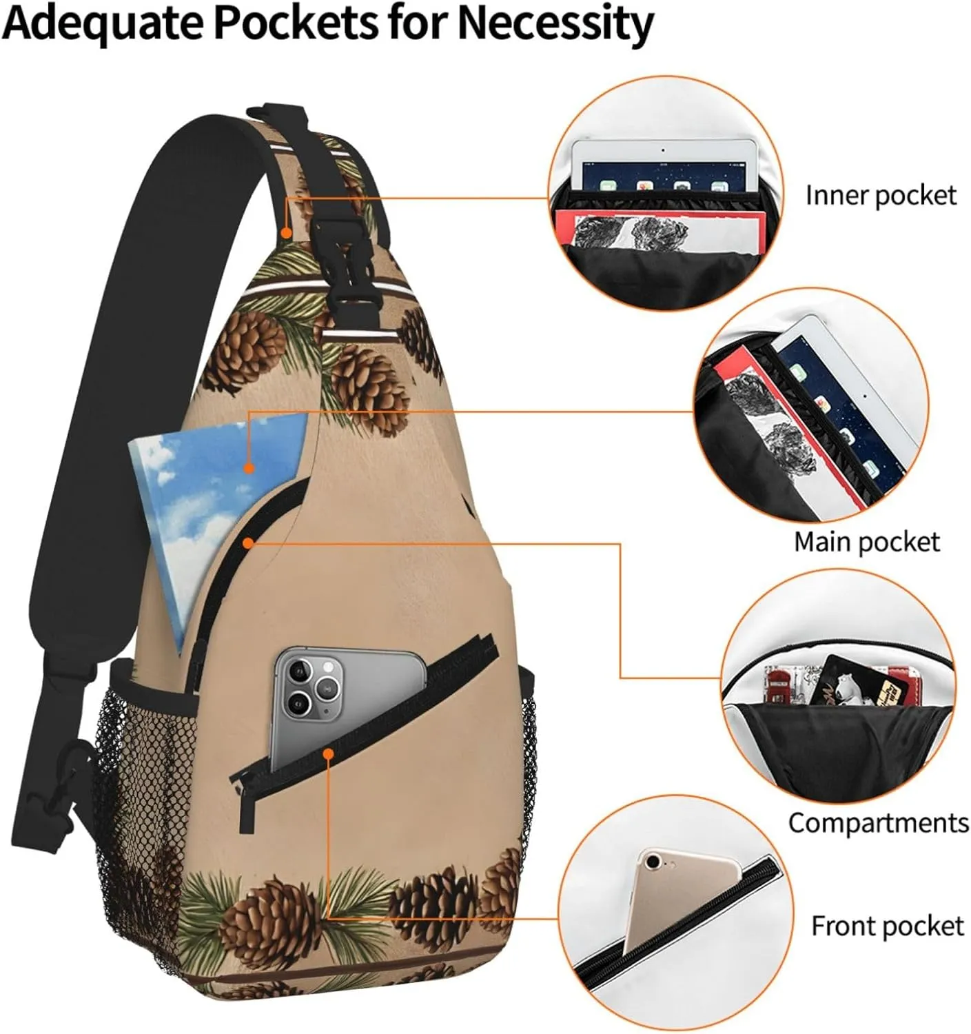 Pine Cone Border Print Cross Chest Bag Diagonally - High-Capacity For Short Trips, Work, And Daily Use