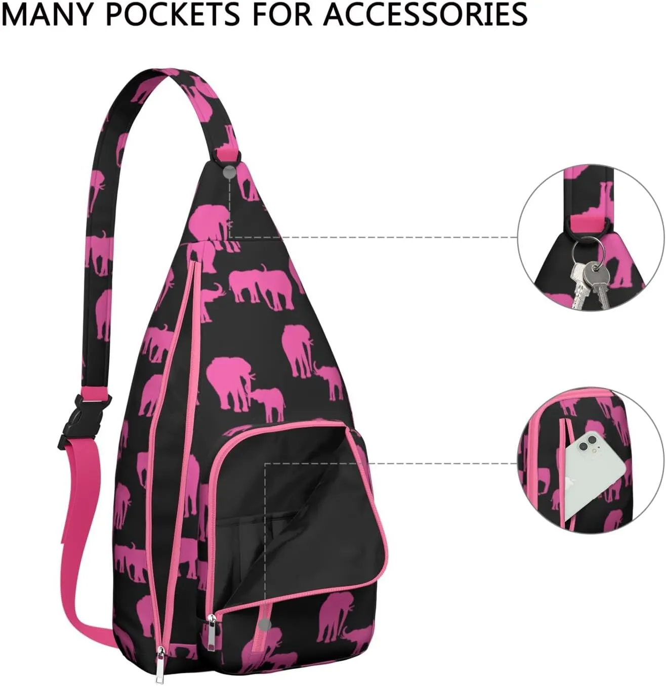Pink Elephant Silhouette Crossbody Bag Daypack for Women Men Lightweight Waterproof Sling Bag Backpack Hiking Cycling