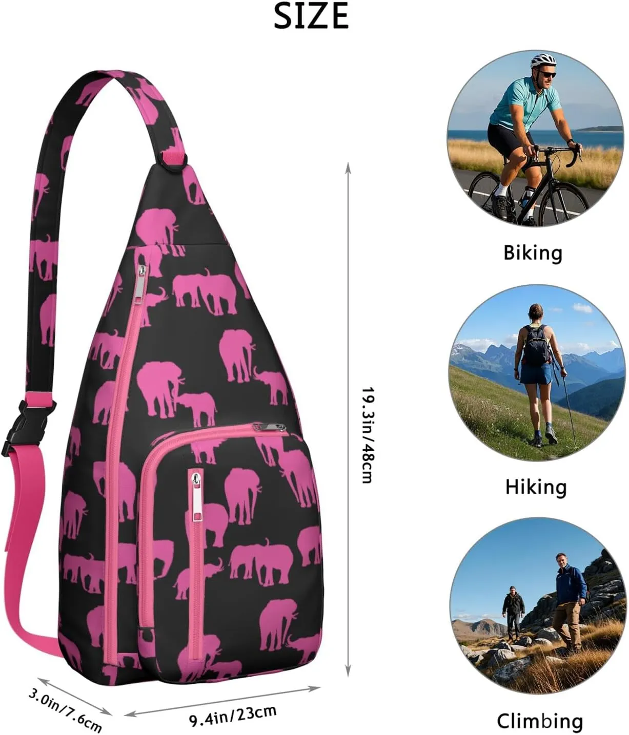Pink Elephant Silhouette Crossbody Bag Daypack for Women Men Lightweight Waterproof Sling Bag Backpack Hiking Cycling