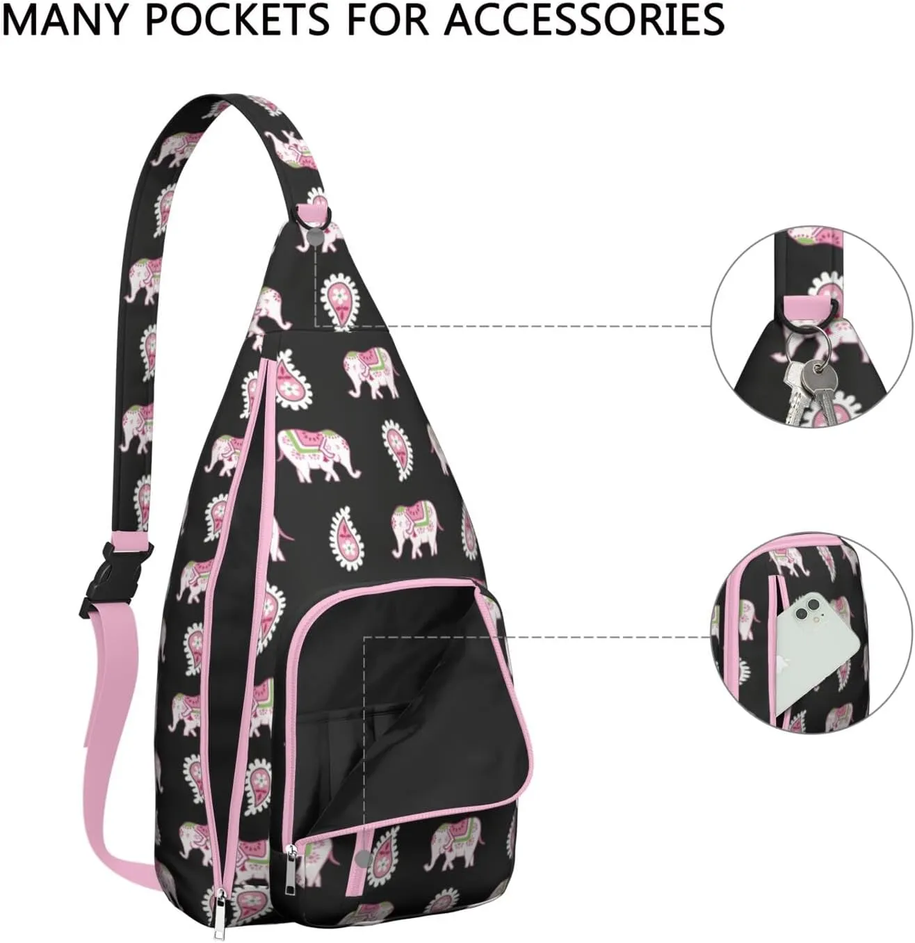 Pink Elephants Crossbody Bag Daypack for Women Men Lightweight Waterproof Sling Bag Backpack Hiking Cycling