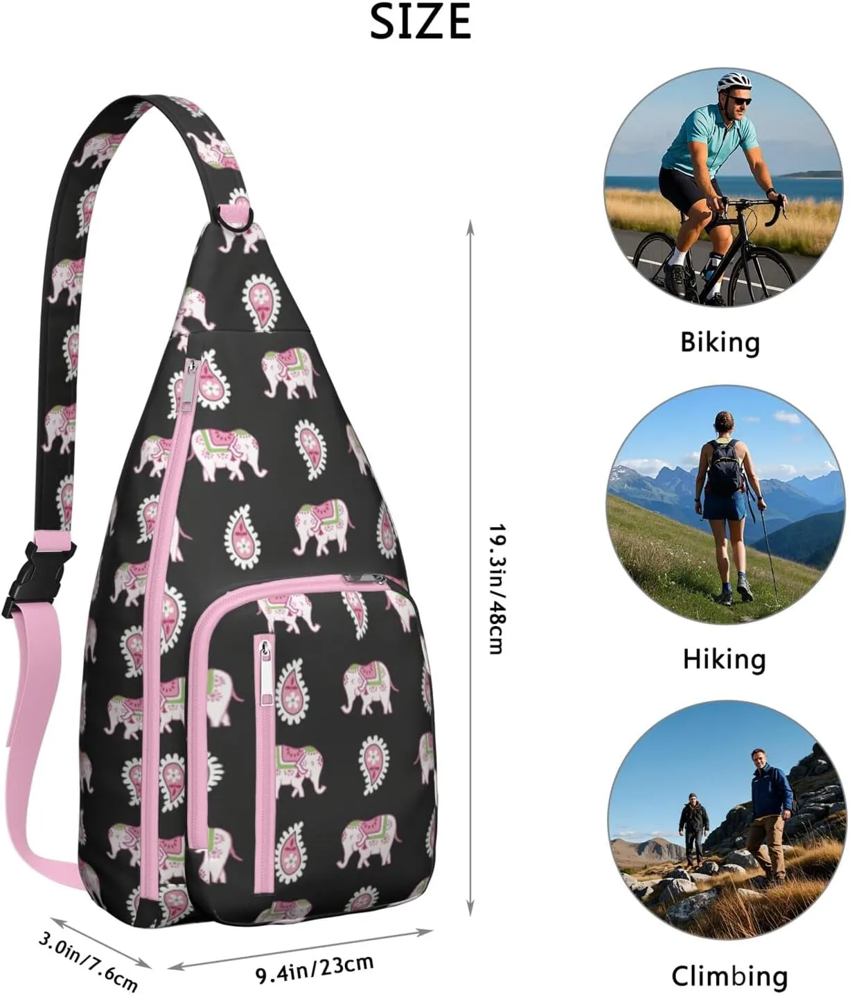 Pink Elephants Crossbody Bag Daypack for Women Men Lightweight Waterproof Sling Bag Backpack Hiking Cycling