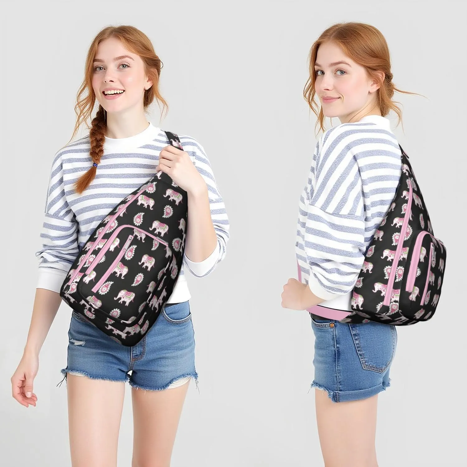 Pink Elephants Crossbody Bag Daypack for Women Men Lightweight Waterproof Sling Bag Backpack Hiking Cycling