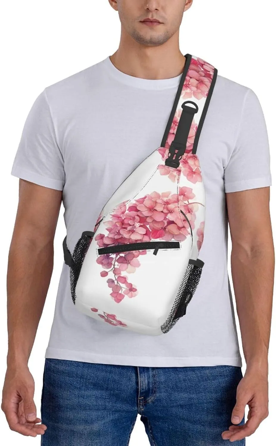Pink Hydrangea Flower Sling Bag For Men Crossbody Backpack,Women Shoulder Bag For Travel Sport