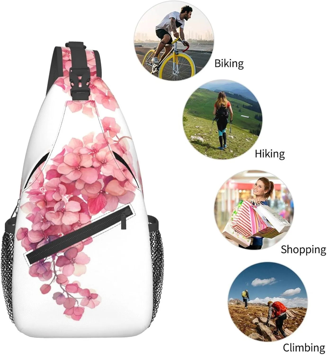 Pink Hydrangea Flower Sling Bag For Men Crossbody Backpack,Women Shoulder Bag For Travel Sport