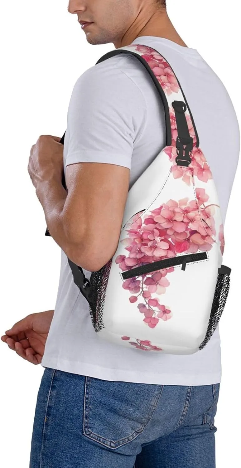 Pink Hydrangea Flower Sling Bag For Men Crossbody Backpack,Women Shoulder Bag For Travel Sport