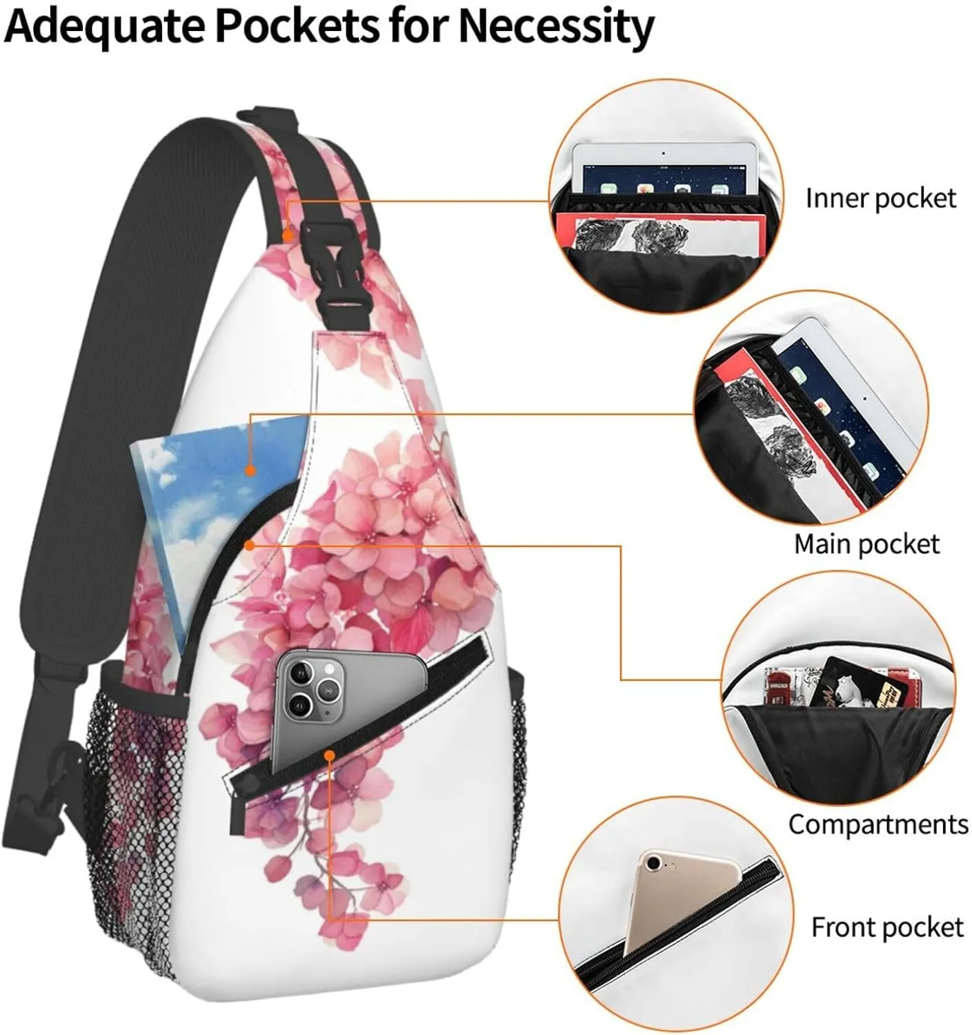 Pink Hydrangea Flower Sling Bag For Men Crossbody Backpack,Women Shoulder Bag For Travel Sport