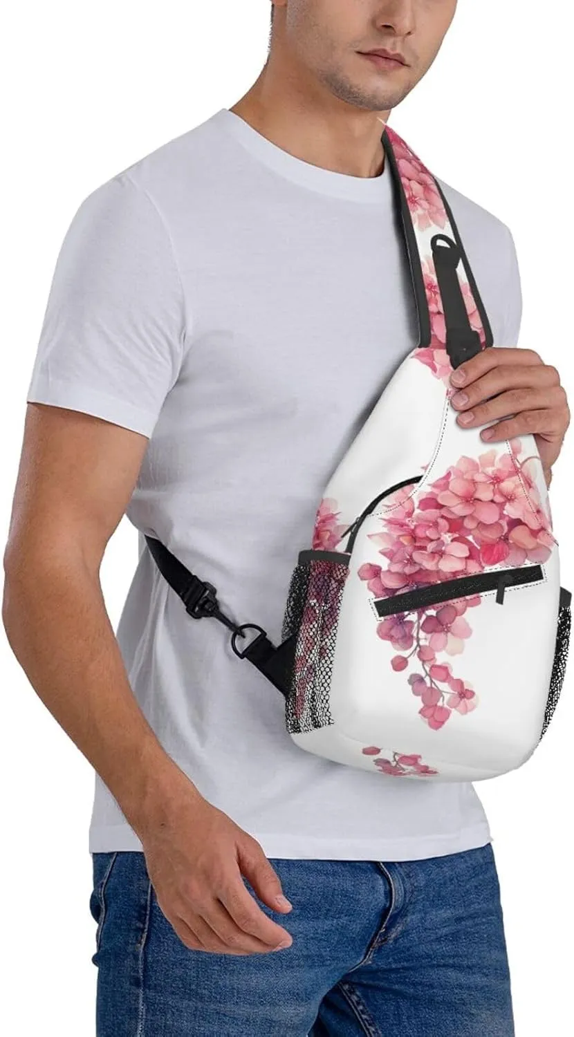 Pink Hydrangea Flower Sling Bag For Men Crossbody Backpack,Women Shoulder Bag For Travel Sport