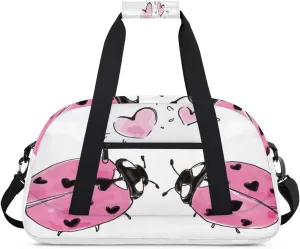 Pink Ladybug Gym Duffel Bag for Men Women Love Heart Sports Tote Bag with Adjustable Shoulder Strap for Dance Gymnastics Traveling Outdoor Camping Overnight Stay