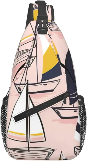 Pink Sketch Sailing Print Sling Bag Crossbody Backpack For Women Men Hiking Travel Over The Shoulder Multipurpose Bag