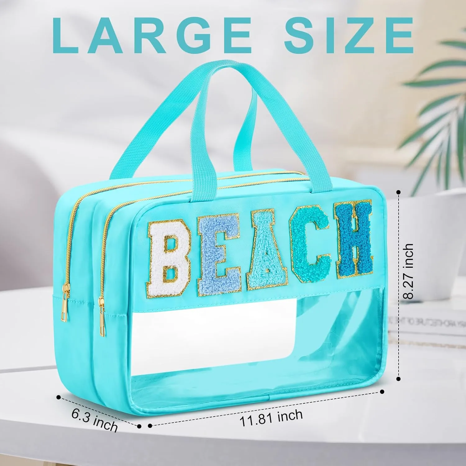 Pinkunn Large Clear Chenille Letter Bag Double Layer Makeup Patches Cosmetic Bag Zipper Pouch for Travel Waterproof Nylon Toiletry Makeup Supplies for Women Girls(Teal,Beach)