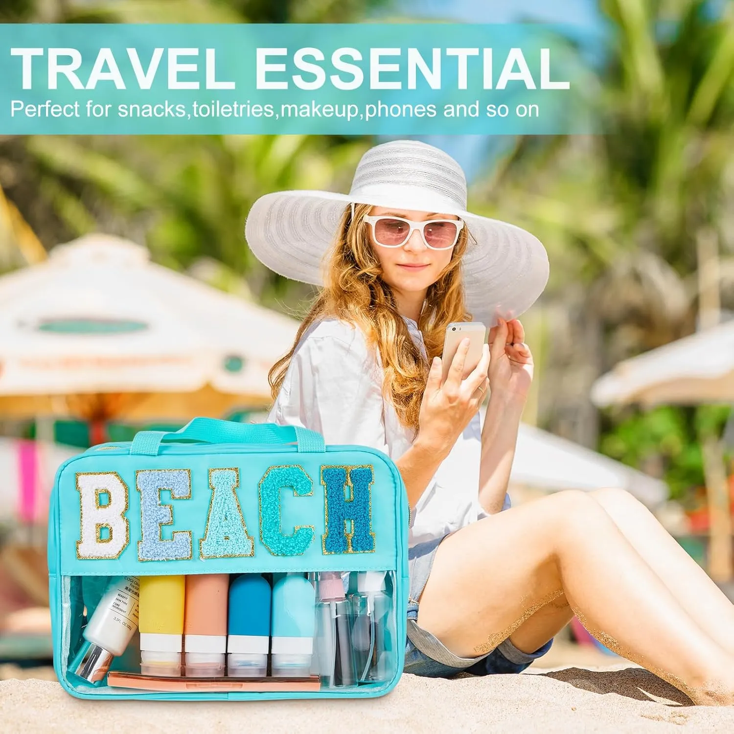 Pinkunn Large Clear Chenille Letter Bag Double Layer Makeup Patches Cosmetic Bag Zipper Pouch for Travel Waterproof Nylon Toiletry Makeup Supplies for Women Girls(Teal,Beach)