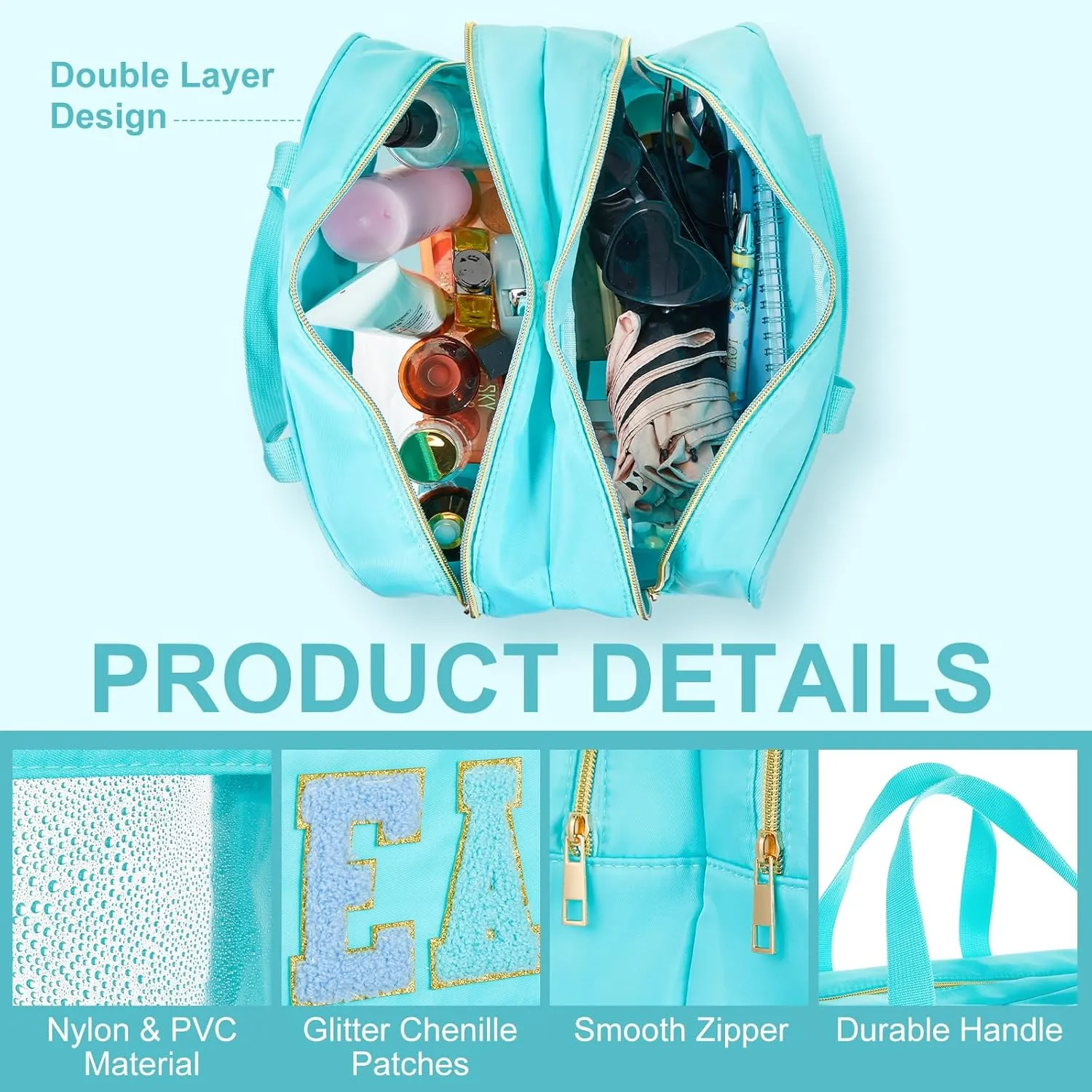 Pinkunn Large Clear Chenille Letter Bag Double Layer Makeup Patches Cosmetic Bag Zipper Pouch for Travel Waterproof Nylon Toiletry Makeup Supplies for Women Girls(Teal,Beach)