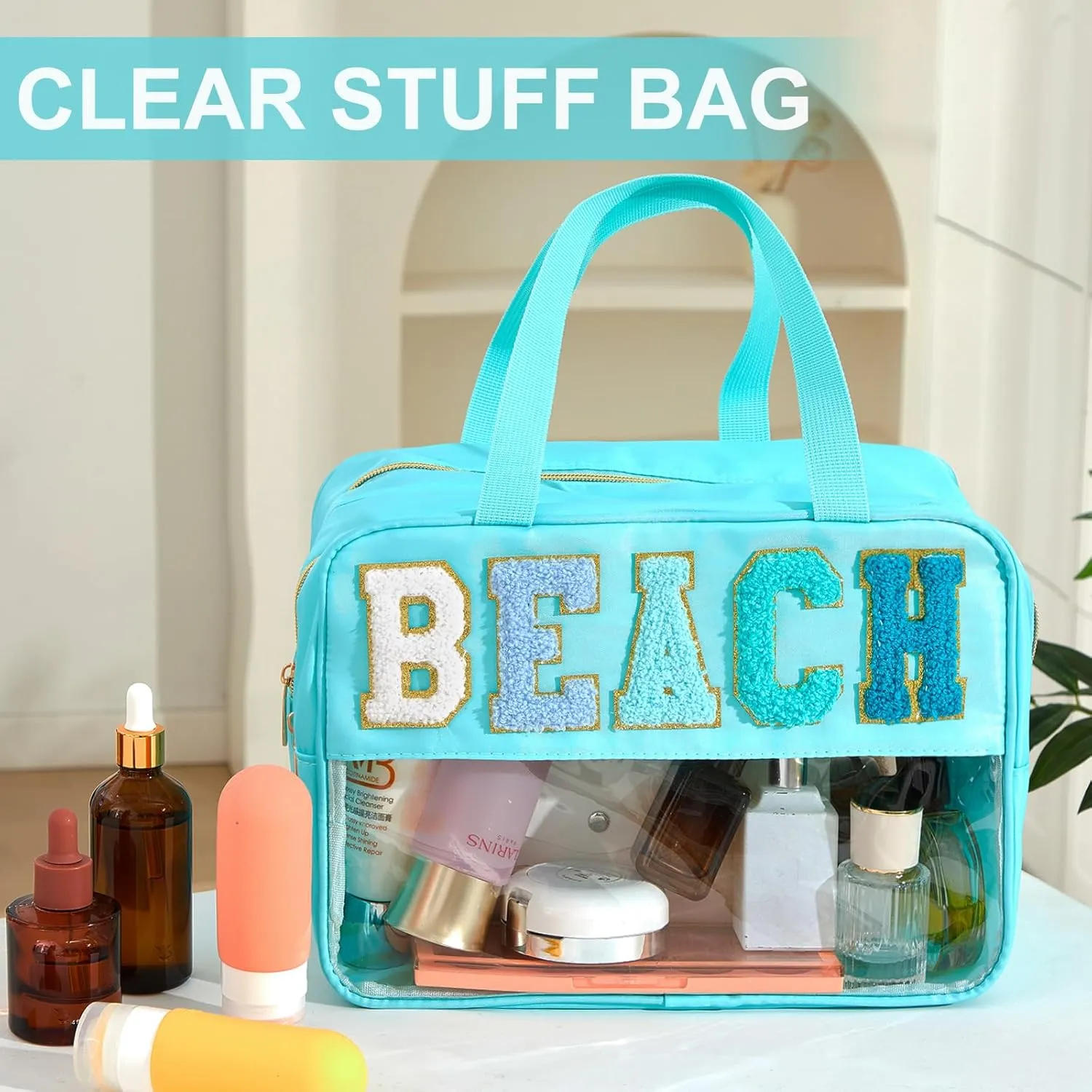 Pinkunn Large Clear Chenille Letter Bag Double Layer Makeup Patches Cosmetic Bag Zipper Pouch for Travel Waterproof Nylon Toiletry Makeup Supplies for Women Girls(Teal,Beach)