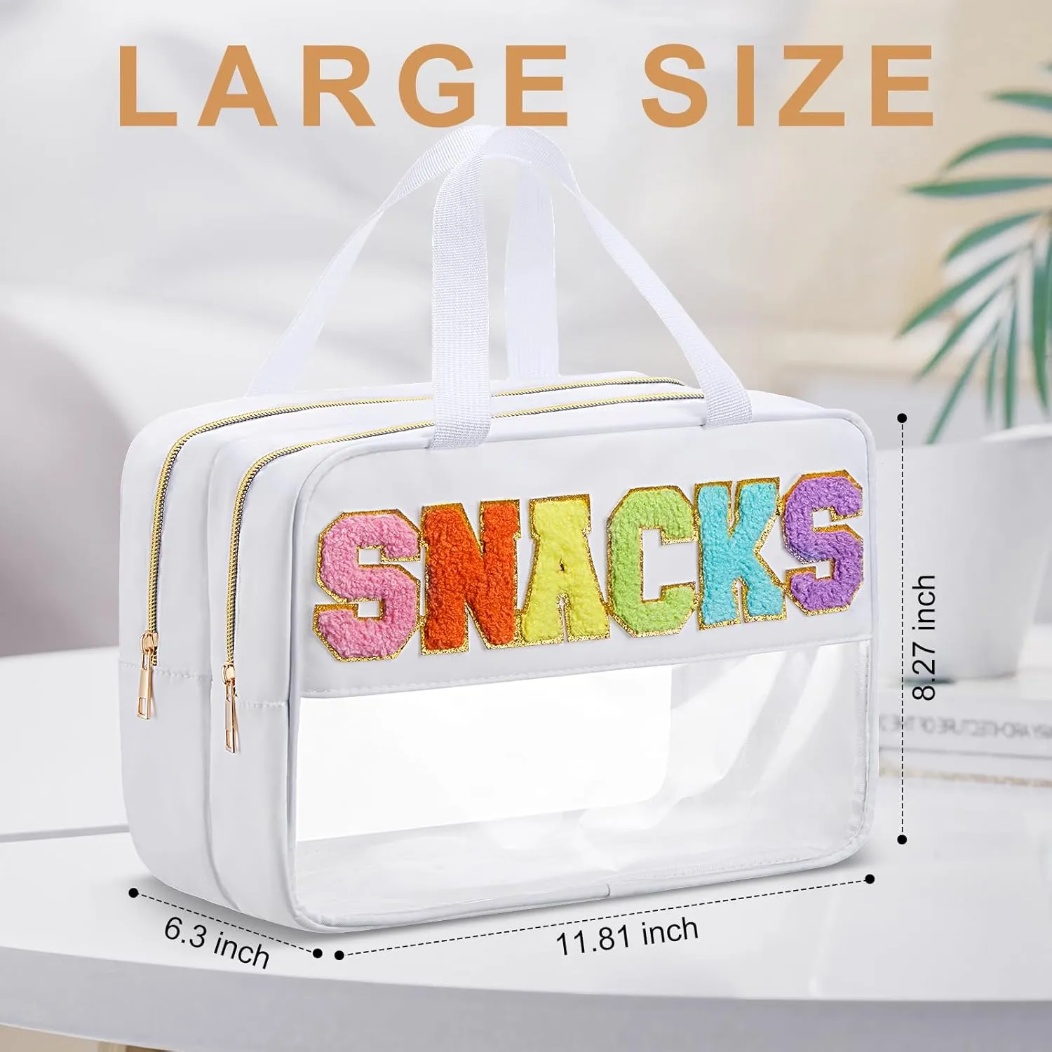 Pinkunn Large Clear Chenille Letter Bag Double Layer Makeup Patches Cosmetic Bag Zipper Pouch for Travel Waterproof Nylon Toiletry Makeup Supplies for Women Girls(White,Snack)