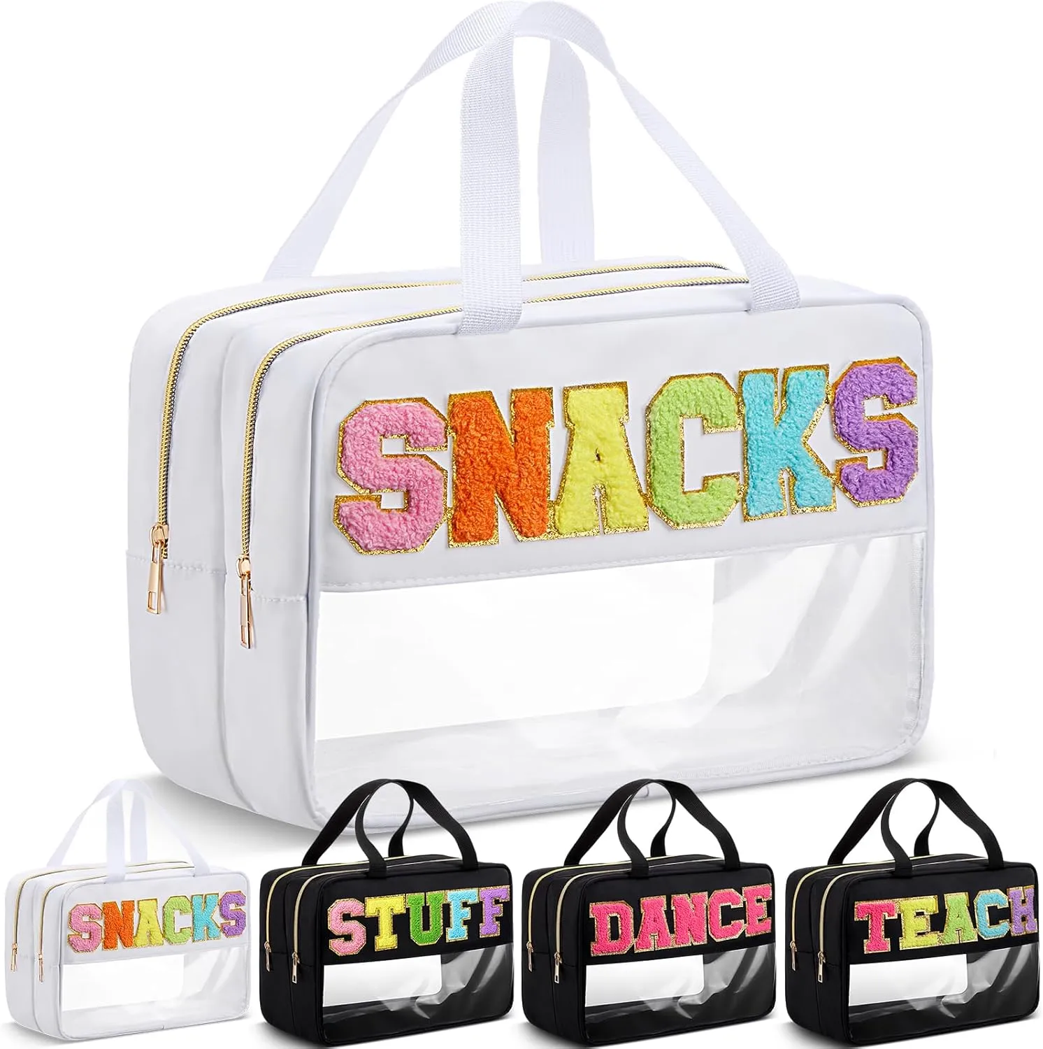 Pinkunn Large Clear Chenille Letter Bag Double Layer Makeup Patches Cosmetic Bag Zipper Pouch for Travel Waterproof Nylon Toiletry Makeup Supplies for Women Girls(White,Snack)