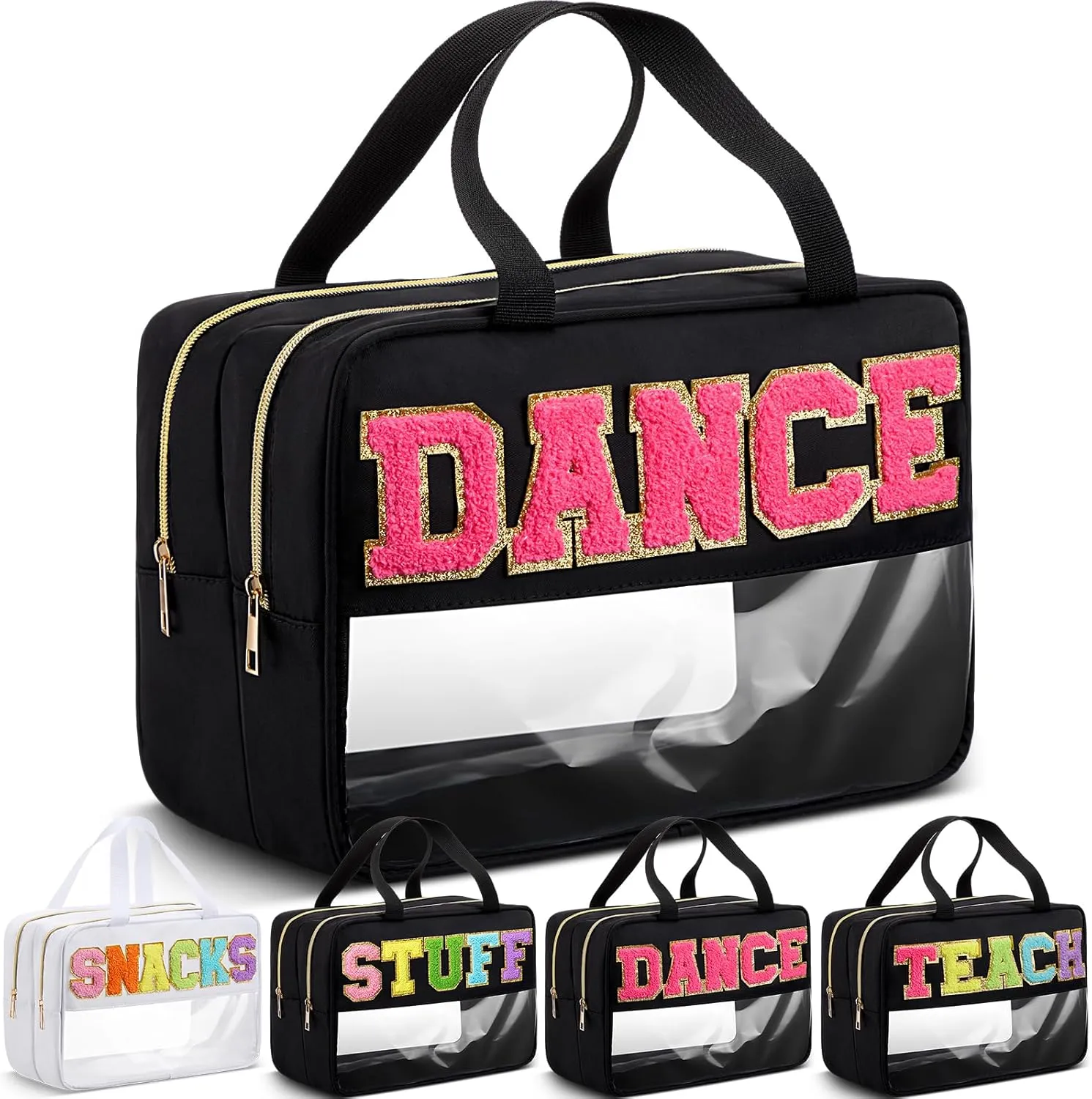 Pinkunn Large Dance Bag with Handle Double Zippered Chenille Letter Dance Bag Black Extra Large Clear Travel Pouch Waterproof Nylon Makeup Cosmetic Bag for Women Girls Travel Competition Supplies