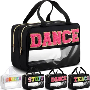 Pinkunn Large Dance Bag with Handle Double Zippered Chenille Letter Dance Bag Black Extra Large Clear Travel Pouch Waterproof Nylon Makeup Cosmetic Bag for Women Girls Travel Competition Supplies