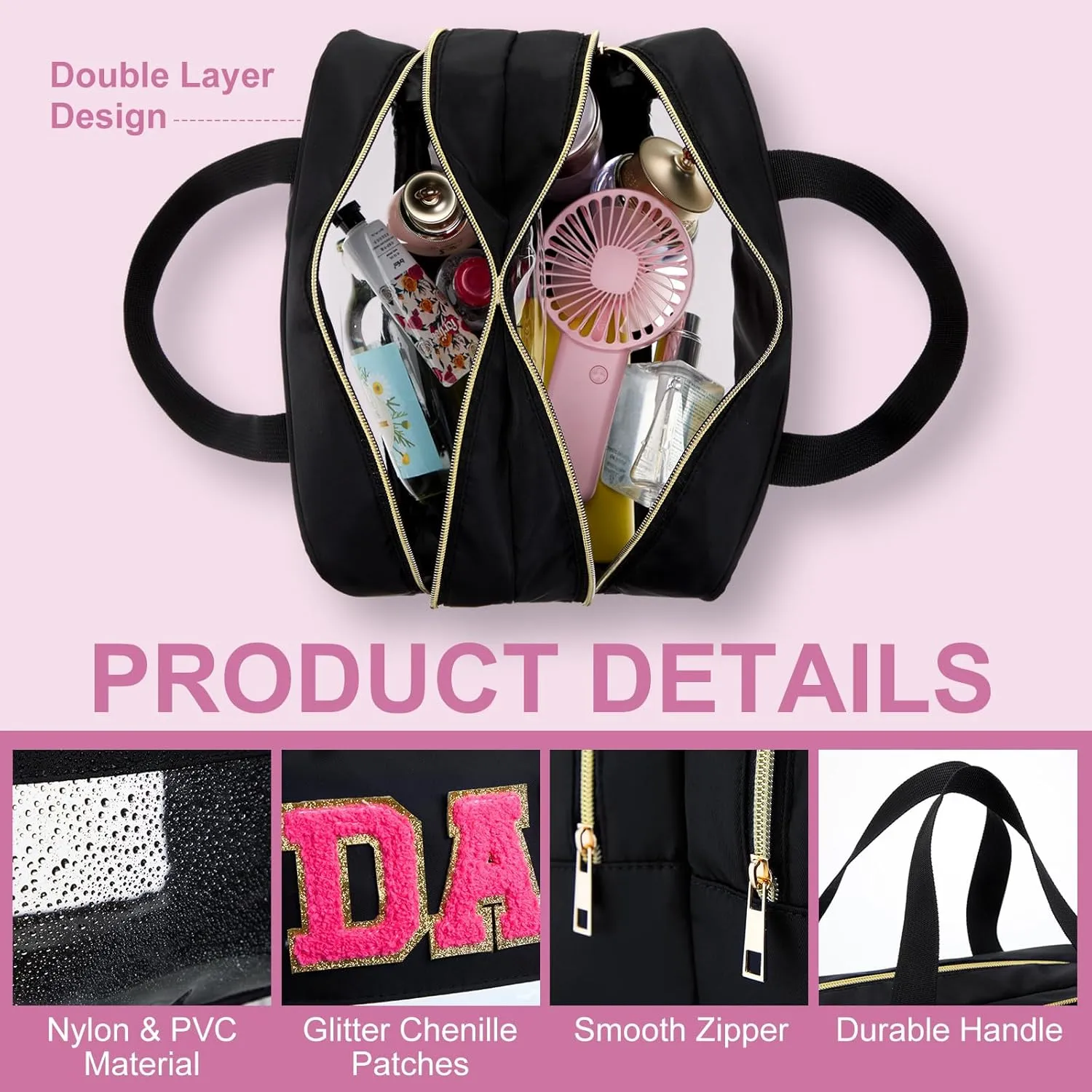Pinkunn Large Dance Bag with Handle Double Zippered Chenille Letter Dance Bag Black Extra Large Clear Travel Pouch Waterproof Nylon Makeup Cosmetic Bag for Women Girls Travel Competition Supplies