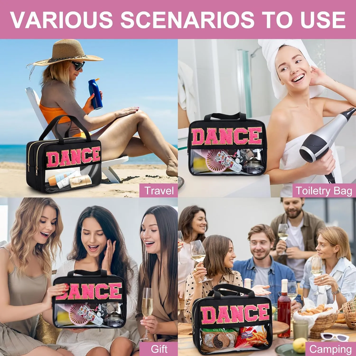 Pinkunn Large Dance Bag with Handle Double Zippered Chenille Letter Dance Bag Black Extra Large Clear Travel Pouch Waterproof Nylon Makeup Cosmetic Bag for Women Girls Travel Competition Supplies