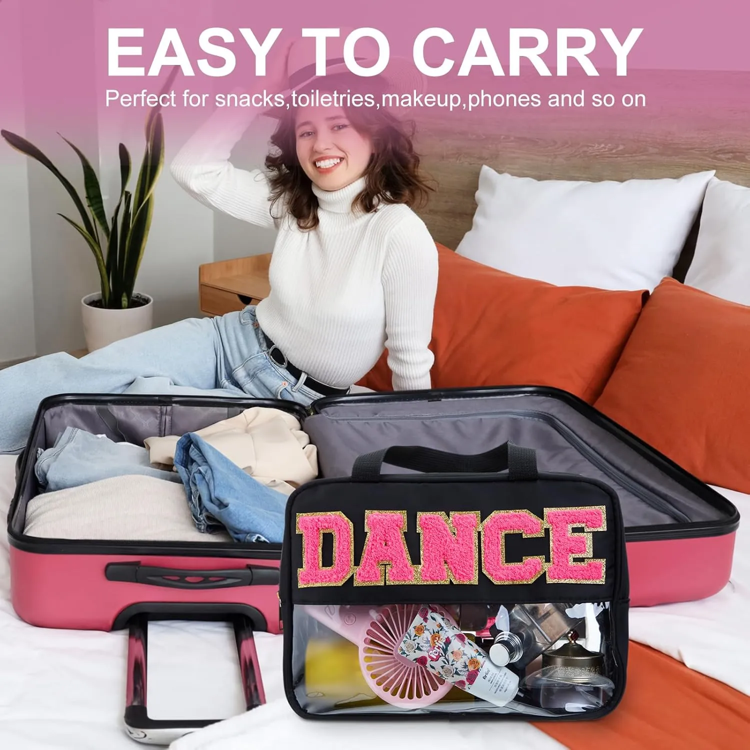 Pinkunn Large Dance Bag with Handle Double Zippered Chenille Letter Dance Bag Black Extra Large Clear Travel Pouch Waterproof Nylon Makeup Cosmetic Bag for Women Girls Travel Competition Supplies