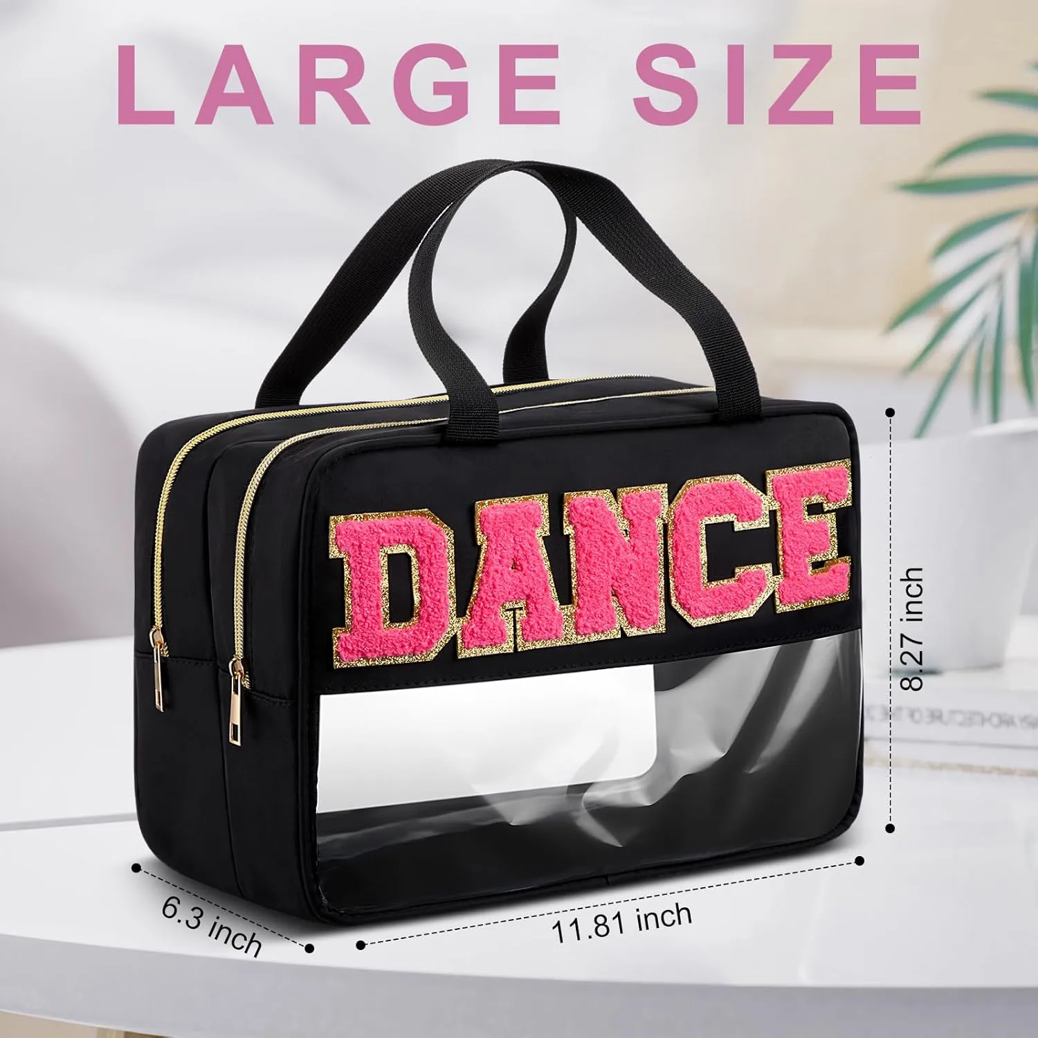 Pinkunn Large Dance Bag with Handle Double Zippered Chenille Letter Dance Bag Black Extra Large Clear Travel Pouch Waterproof Nylon Makeup Cosmetic Bag for Women Girls Travel Competition Supplies