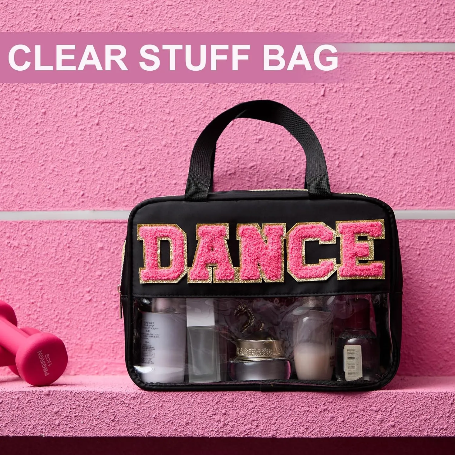 Pinkunn Large Dance Bag with Handle Double Zippered Chenille Letter Dance Bag Black Extra Large Clear Travel Pouch Waterproof Nylon Makeup Cosmetic Bag for Women Girls Travel Competition Supplies