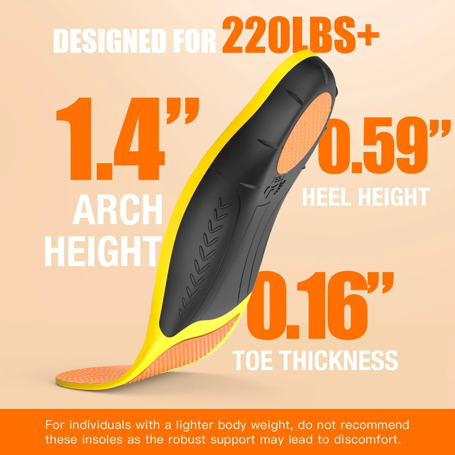 Plantar Fasciitis Insoles - High Arch Support Inserts, Gel Cushion, Relief for Flat Feet - 220  lbs Orthotics Insoles Ideal for Work Boots (Orange, Men 4.5-6.5 | Women 5.5-7.5)