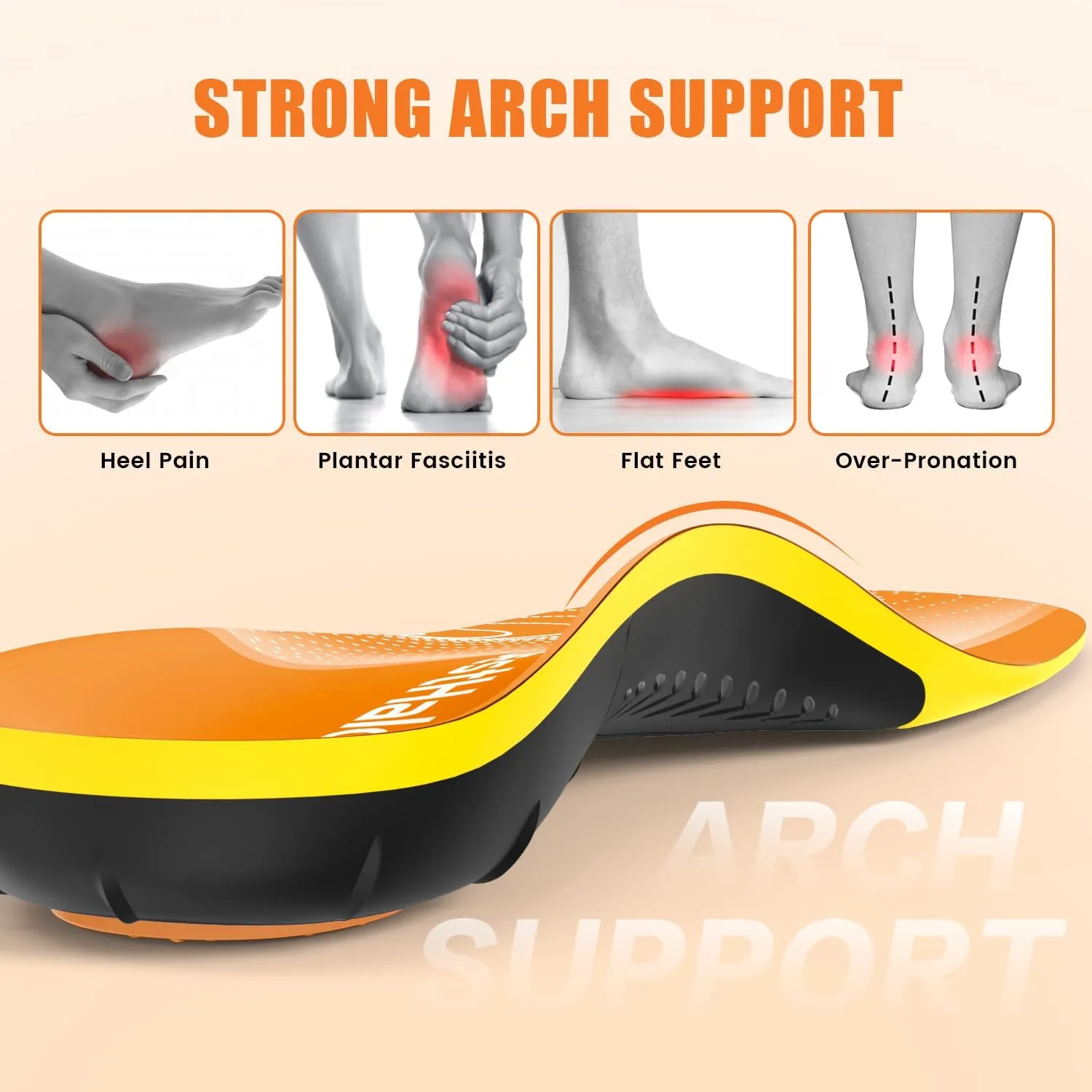 Plantar Fasciitis Insoles - High Arch Support Inserts, Gel Cushion, Relief for Flat Feet - 220  lbs Orthotics Insoles Ideal for Work Boots (Orange, Men 4.5-6.5 | Women 5.5-7.5)