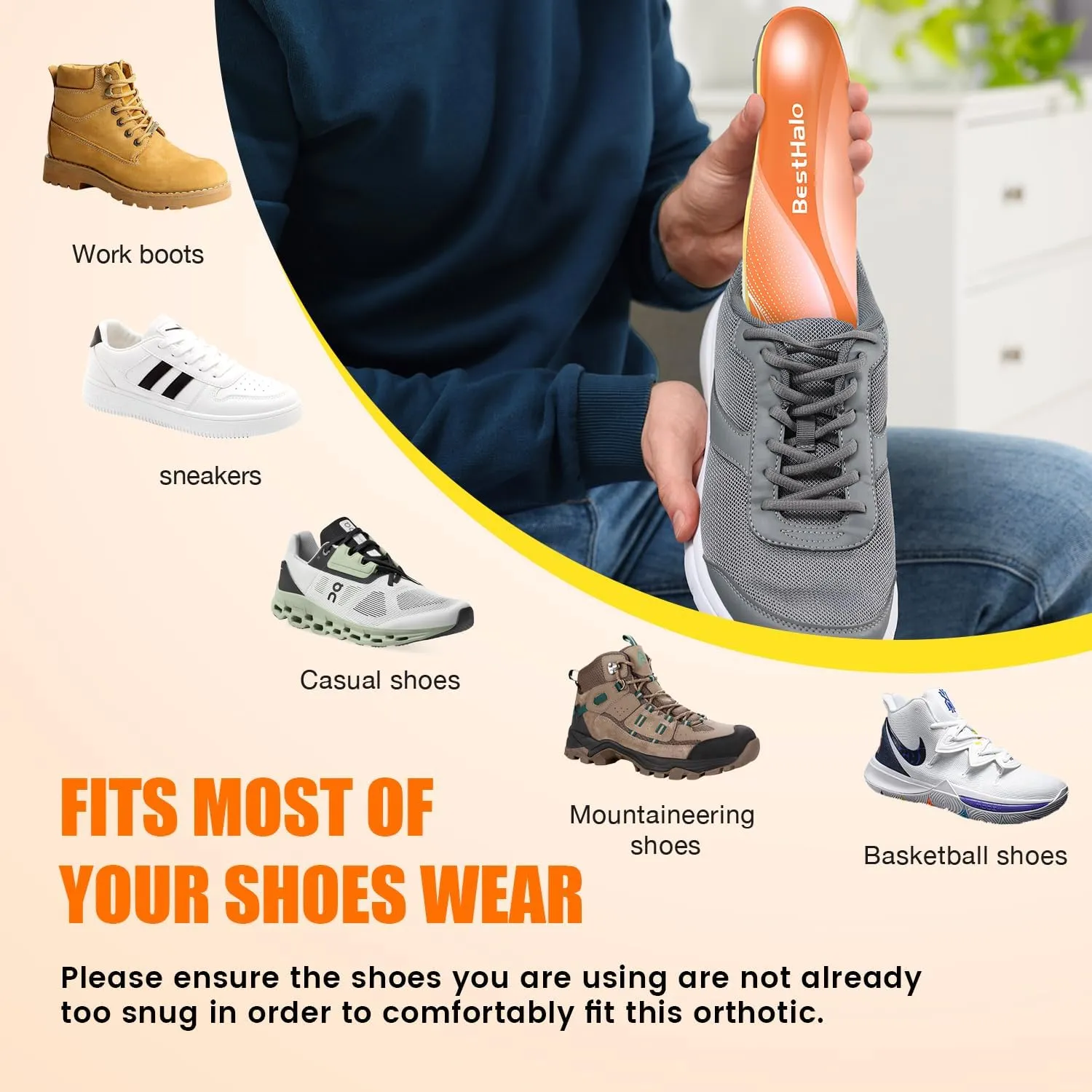 Plantar Fasciitis Insoles - High Arch Support Inserts, Gel Cushion, Relief for Flat Feet - 220  lbs Orthotics Insoles Ideal for Work Boots (Orange, Men 4.5-6.5 | Women 5.5-7.5)