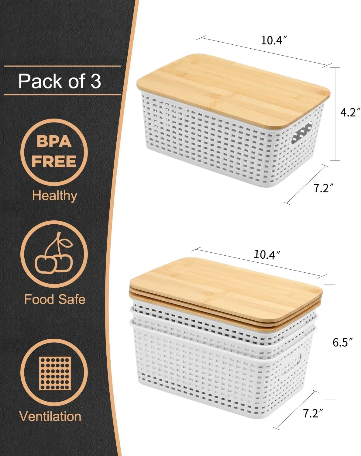 Plastic Storage Bins With Bamboo Lid Pantry Organization and Storage Baskets Containers Lidded Organizer Bins Small Baskets for Shelves Drawers Desktop Closet Playroom Classroom Office, 3 Pack