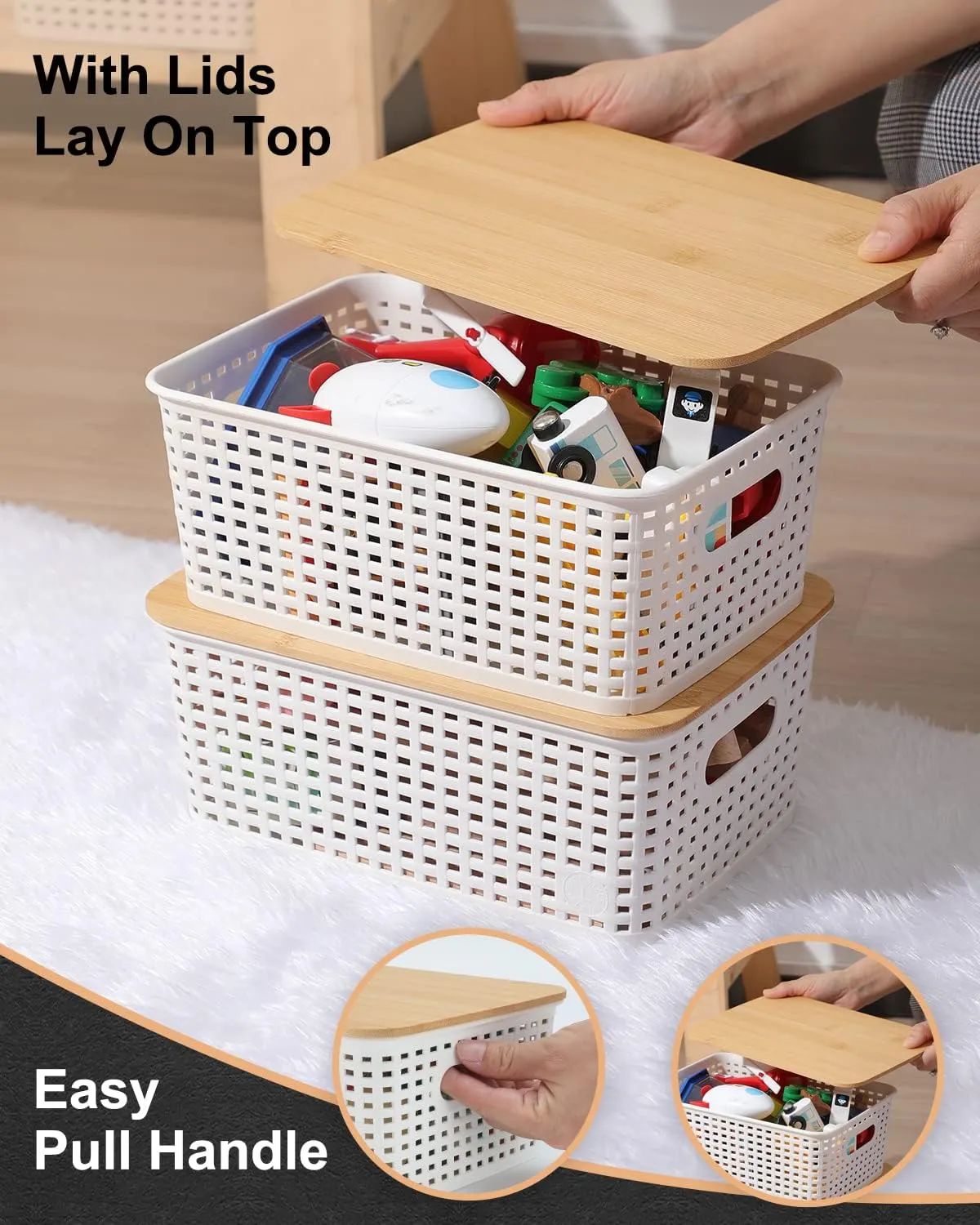 Plastic Storage Bins With Bamboo Lid Pantry Organization and Storage Baskets Containers Lidded Organizer Bins Small Baskets for Shelves Drawers Desktop Closet Playroom Classroom Office, 3 Pack
