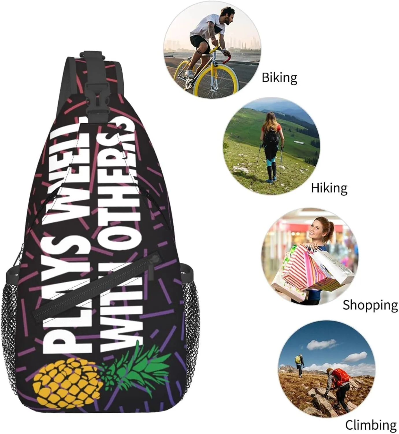Plays Well With Others Upside Down Pineapple Small Crossbody Backpack Sling Bag For Men Women Mini One Shoulder Chest Bags Gym Sport Travel Hiking Daypack