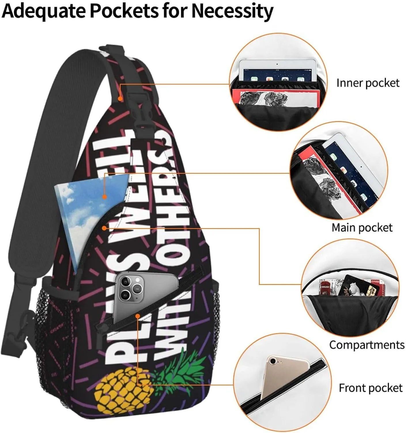Plays Well With Others Upside Down Pineapple Small Crossbody Backpack Sling Bag For Men Women Mini One Shoulder Chest Bags Gym Sport Travel Hiking Daypack