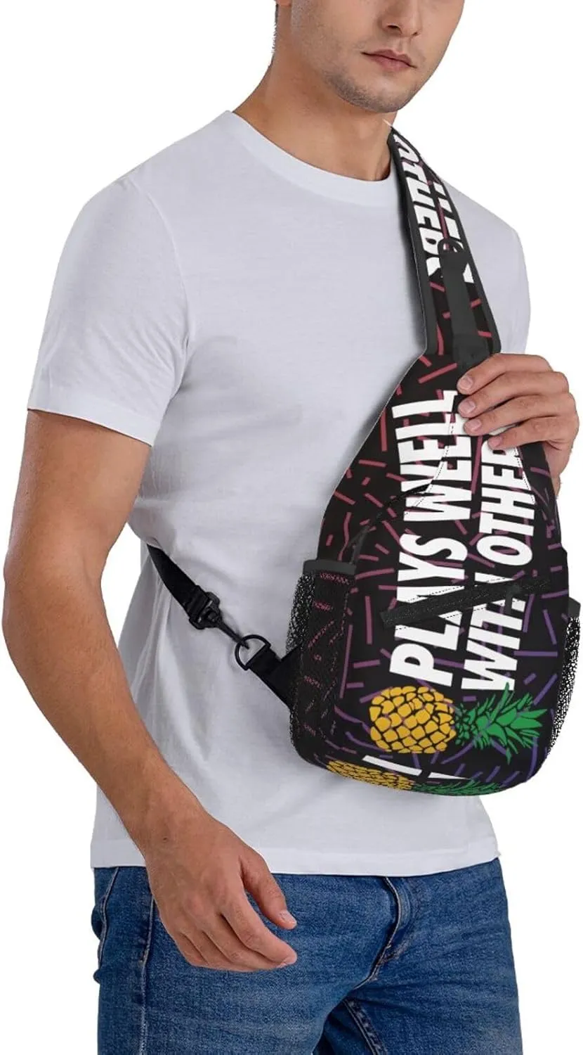 Plays Well With Others Upside Down Pineapple Small Crossbody Backpack Sling Bag For Men Women Mini One Shoulder Chest Bags Gym Sport Travel Hiking Daypack