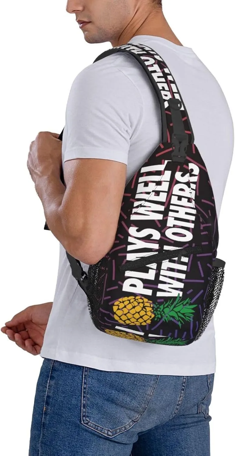 Plays Well With Others Upside Down Pineapple Small Crossbody Backpack Sling Bag For Men Women Mini One Shoulder Chest Bags Gym Sport Travel Hiking Daypack