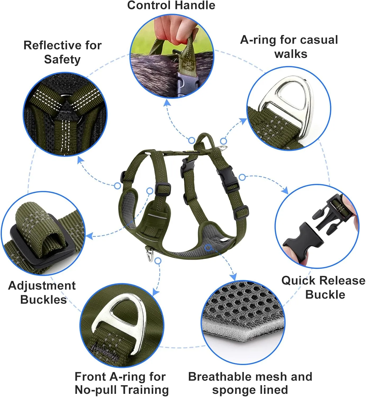 Plutus Pet No Pull Dog Harness, Reflective Adjustable Dog Vest Harness with Handle, Escape Proof, Soft Padded for Small Medium Large Dogs (Ranger Green, XL)