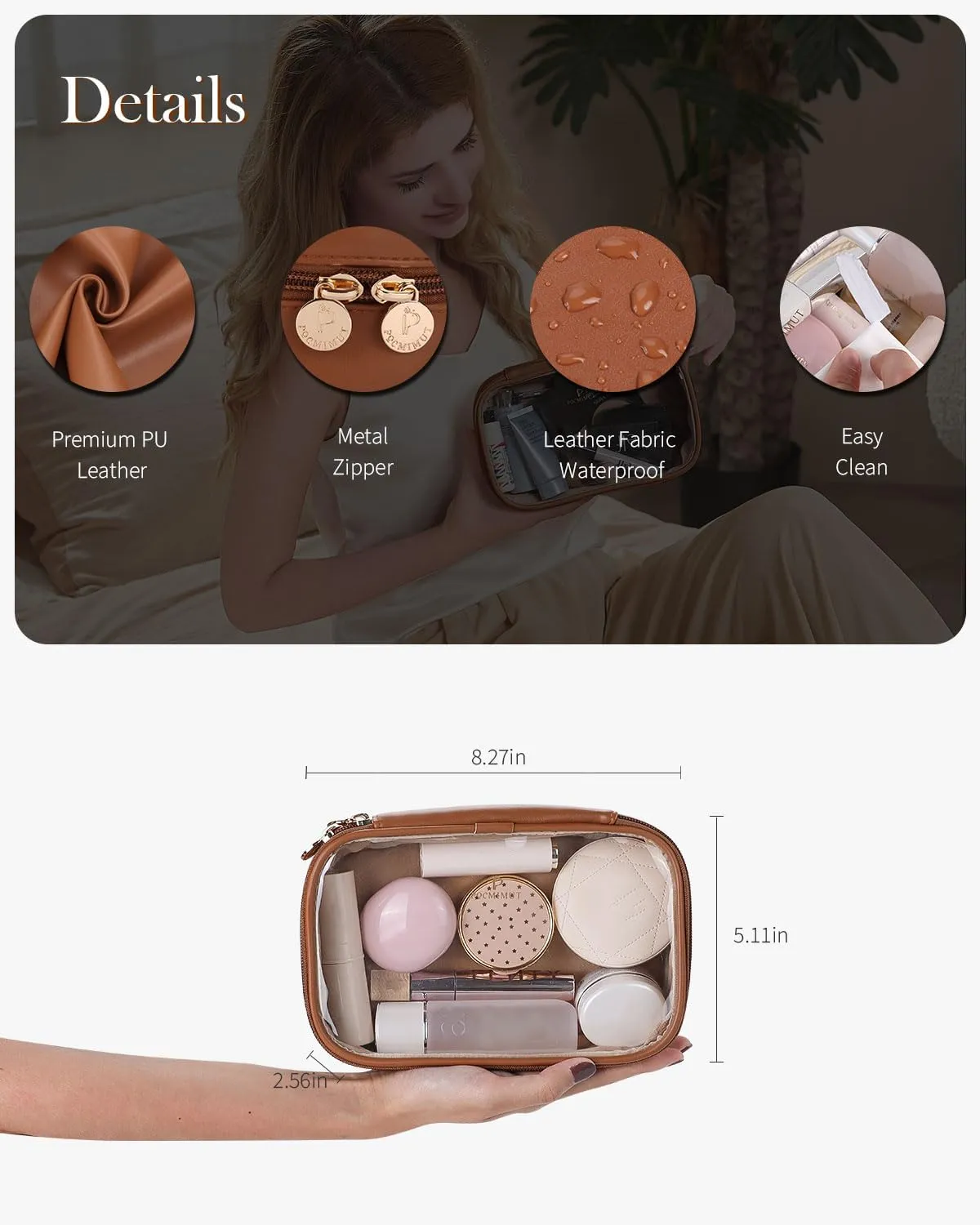 Pocmimut Clear Makeup Bags,Small Makeup Pouch with Large Cosmetic Bag Car Accessories Storage for Women,Travel Essentials Organizers,Brown