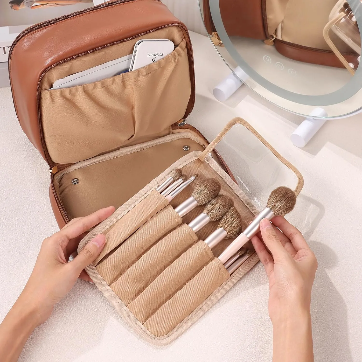 Pocmimut Clear Makeup Bags,Small Makeup Pouch with Large Cosmetic Bag Car Accessories Storage for Women,Travel Essentials Organizers,Brown
