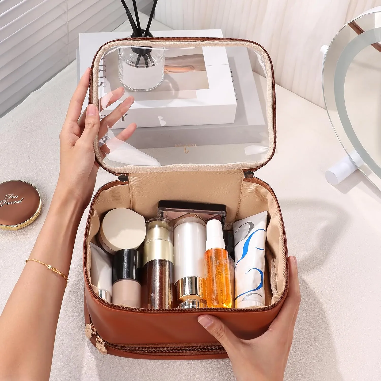 Pocmimut Clear Makeup Bags,Small Makeup Pouch with Large Cosmetic Bag Car Accessories Storage for Women,Travel Essentials Organizers,Brown