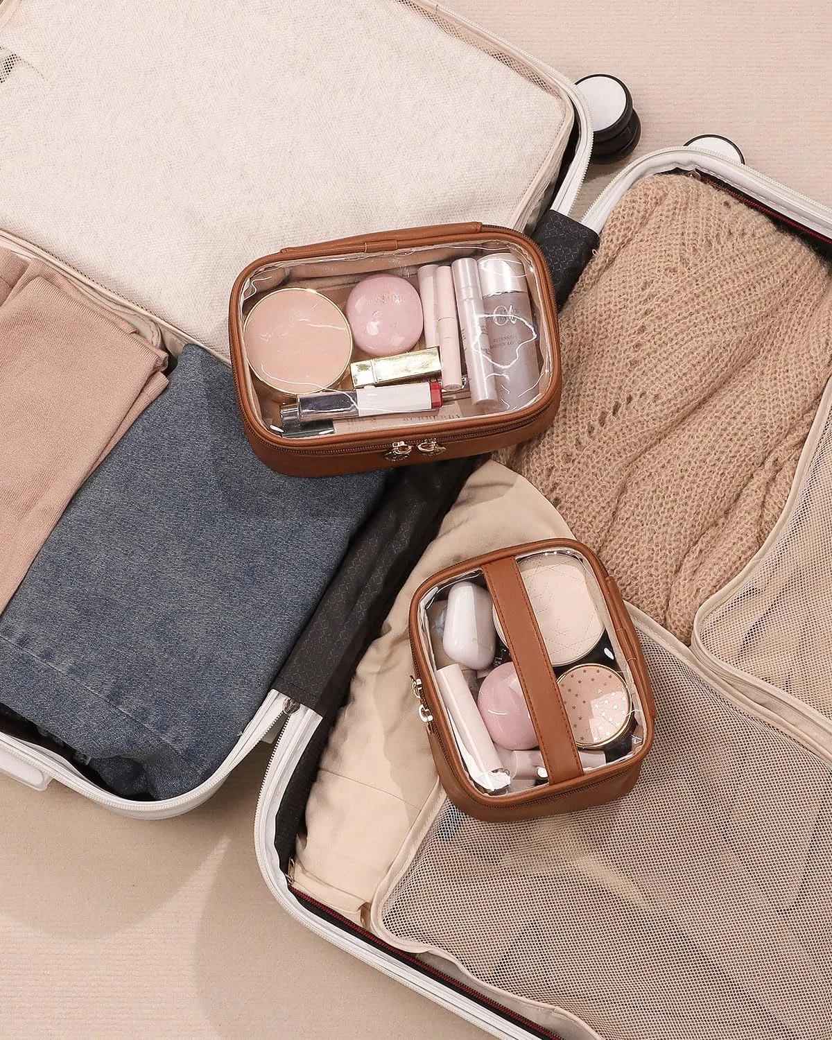 Pocmimut Clear Makeup Bags,Small Makeup Pouch with Large Cosmetic Bag Car Accessories Storage for Women,Travel Essentials Organizers,Brown