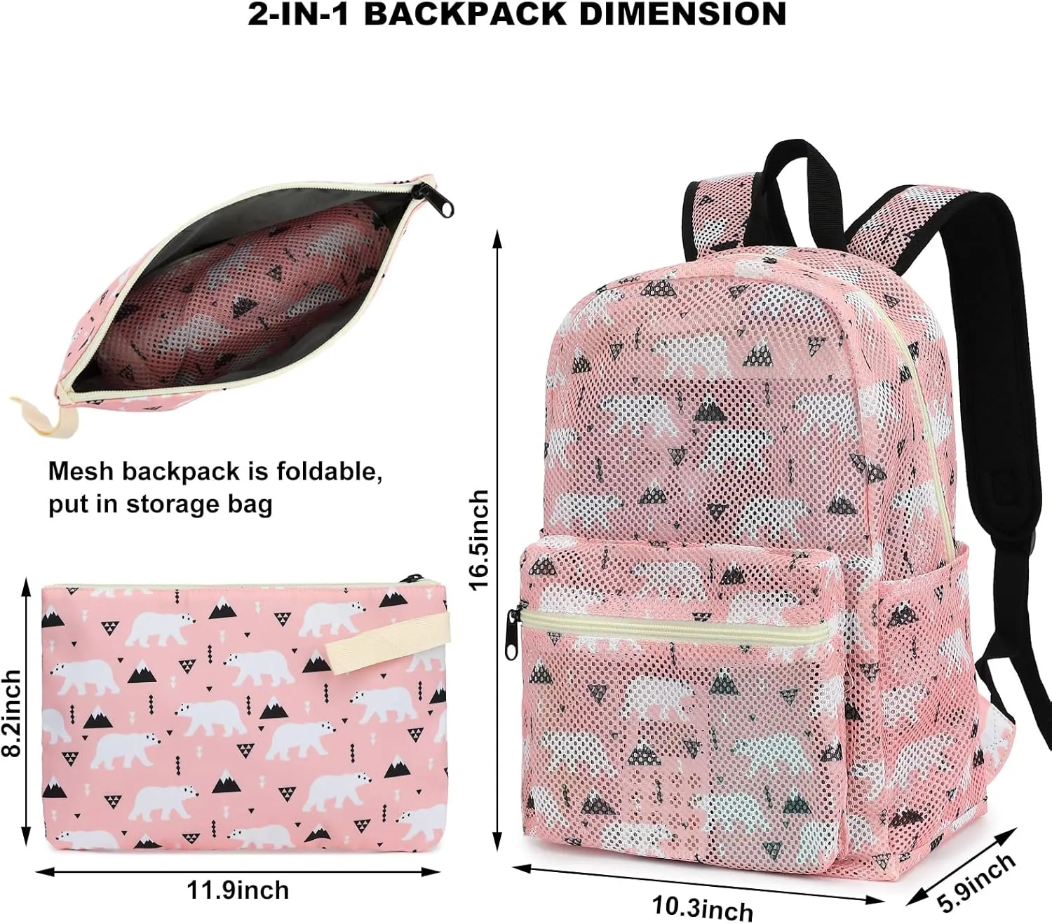Polar Bear Mesh Backpack for Girls Women, See Through Casual School College Student Bookbag (Pink)