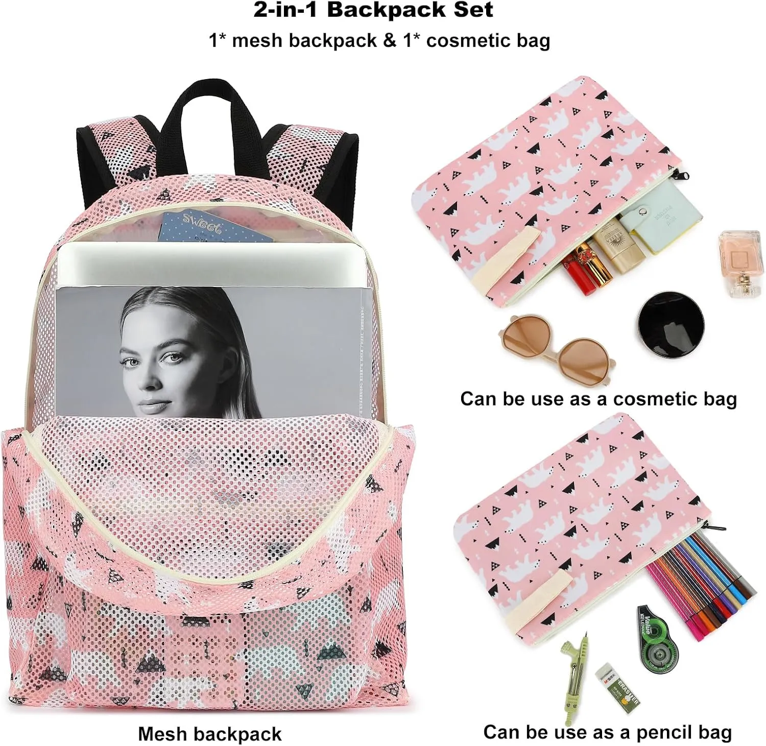 Polar Bear Mesh Backpack for Girls Women, See Through Casual School College Student Bookbag (Pink)
