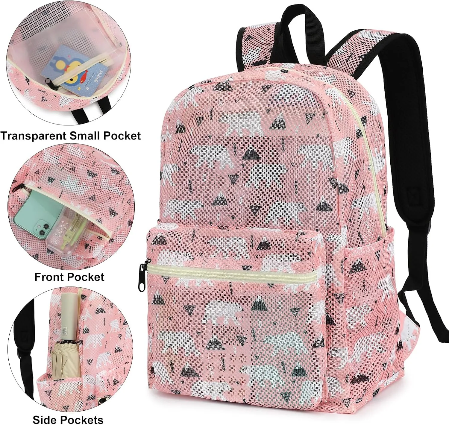 Polar Bear Mesh Backpack for Girls Women, See Through Casual School College Student Bookbag (Pink)