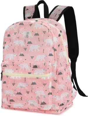 Polar Bear Mesh Backpack for Girls Women, See Through Casual School College Student Bookbag (Pink)