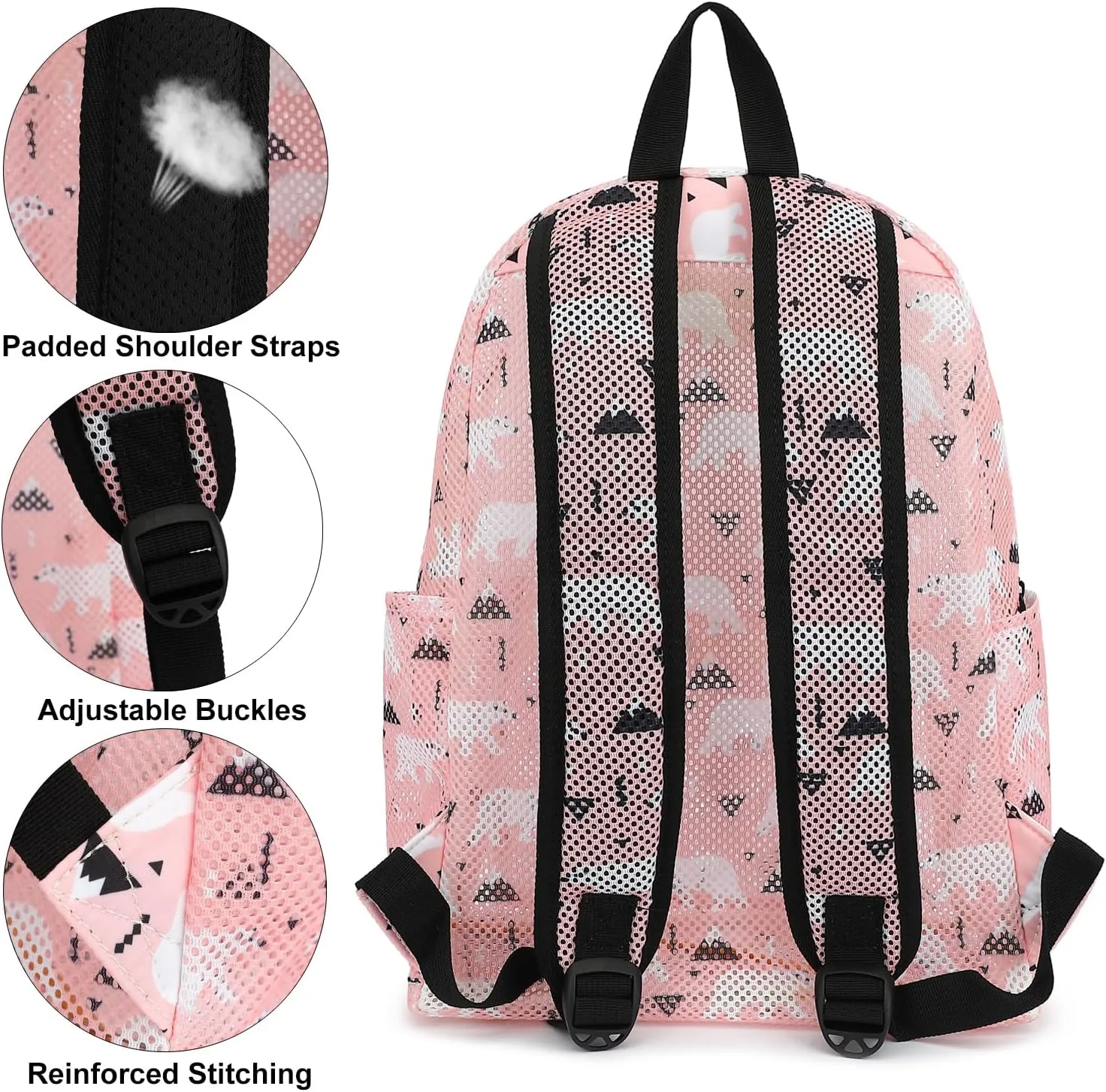 Polar Bear Mesh Backpack for Girls Women, See Through Casual School College Student Bookbag (Pink)