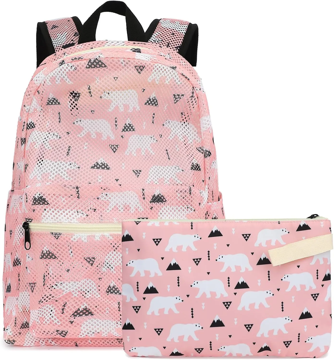 Polar Bear Mesh Backpack for Girls Women, See Through Casual School College Student Bookbag (Pink)