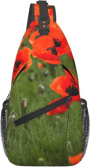 Poppy Flowers Petals Print Sling Bag Crossbody Backpack For Women Men Hiking Travel Over The Shoulder Multipurpose Bag