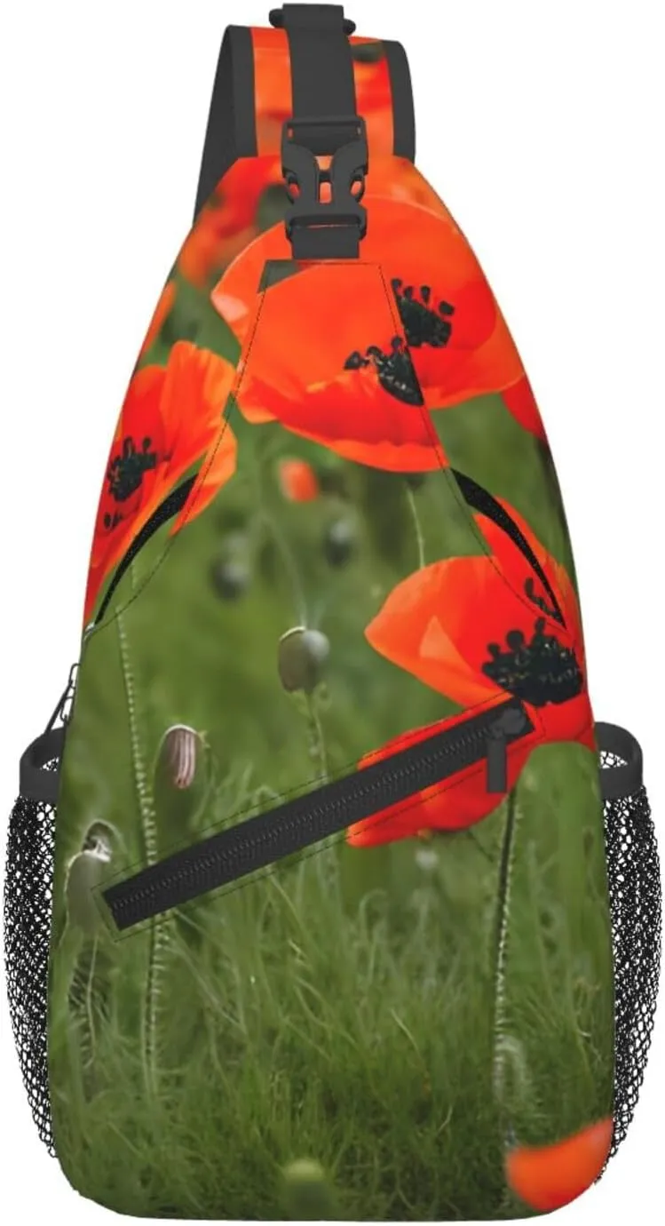 Poppy Flowers Petals Print Sling Bag Crossbody Backpack For Women Men Hiking Travel Over The Shoulder Multipurpose Bag