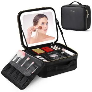 Portable Makeup Storage Bag With Light-Up Mirror, Cosmetic Organizer With Adjustable Dividers And Brush Panel